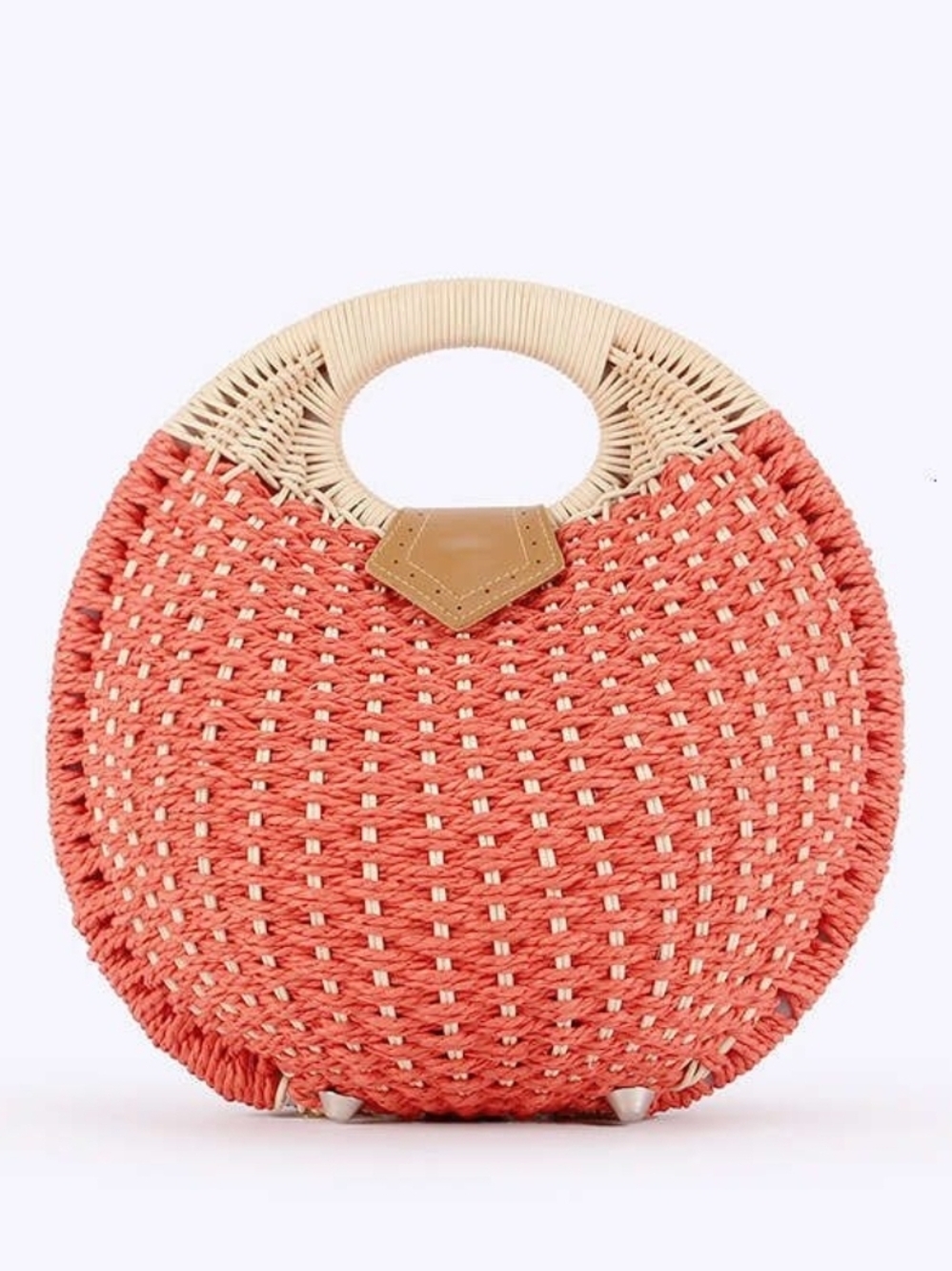 Woven Round Straw Tote Bag in Coral